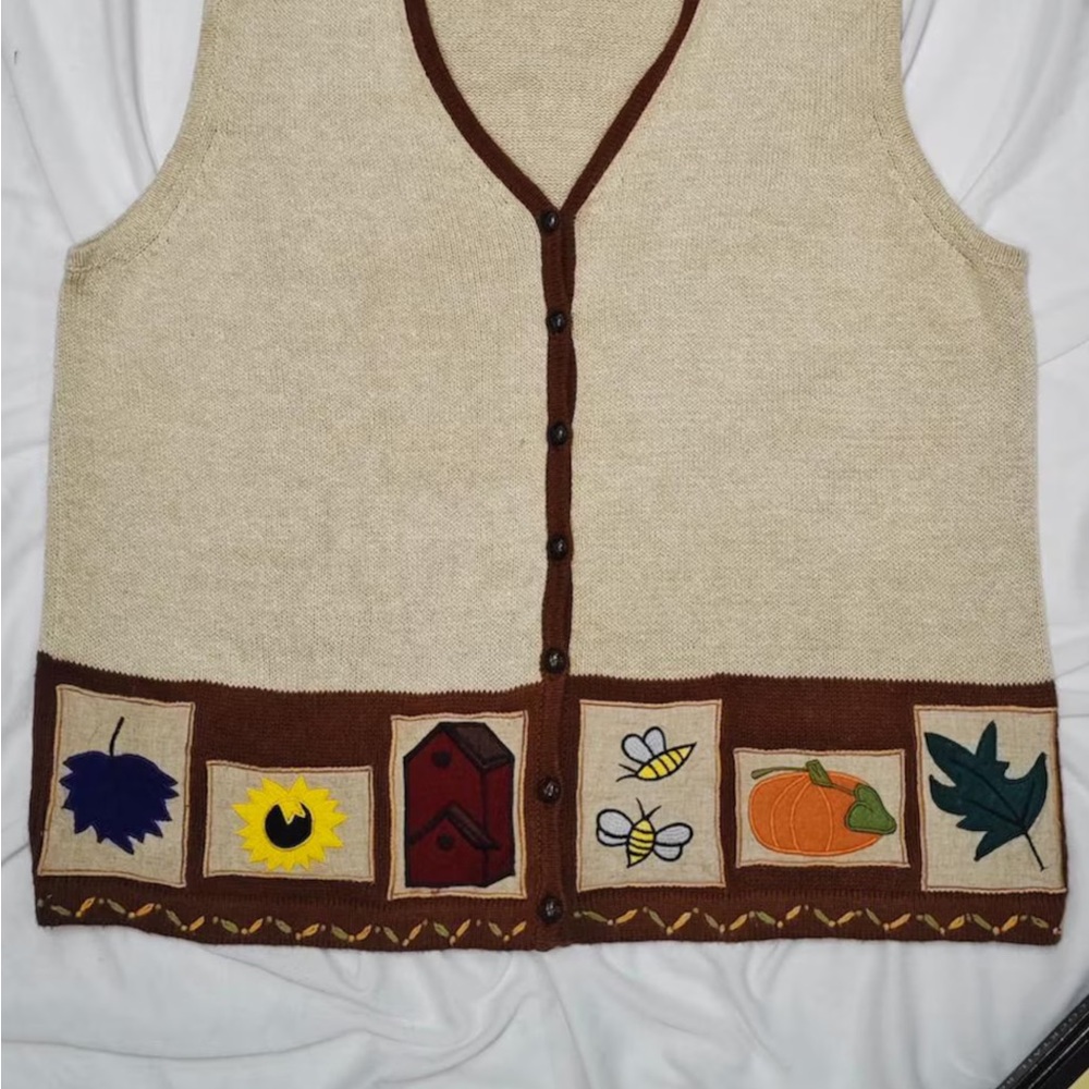 Karen Scott Beige and Brown Knit Vest Fall Holiday Large